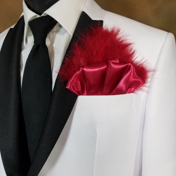 New - Burgundy Red Satin Ruffle & Feather Pocket Square Insert - Picture 7 of 7